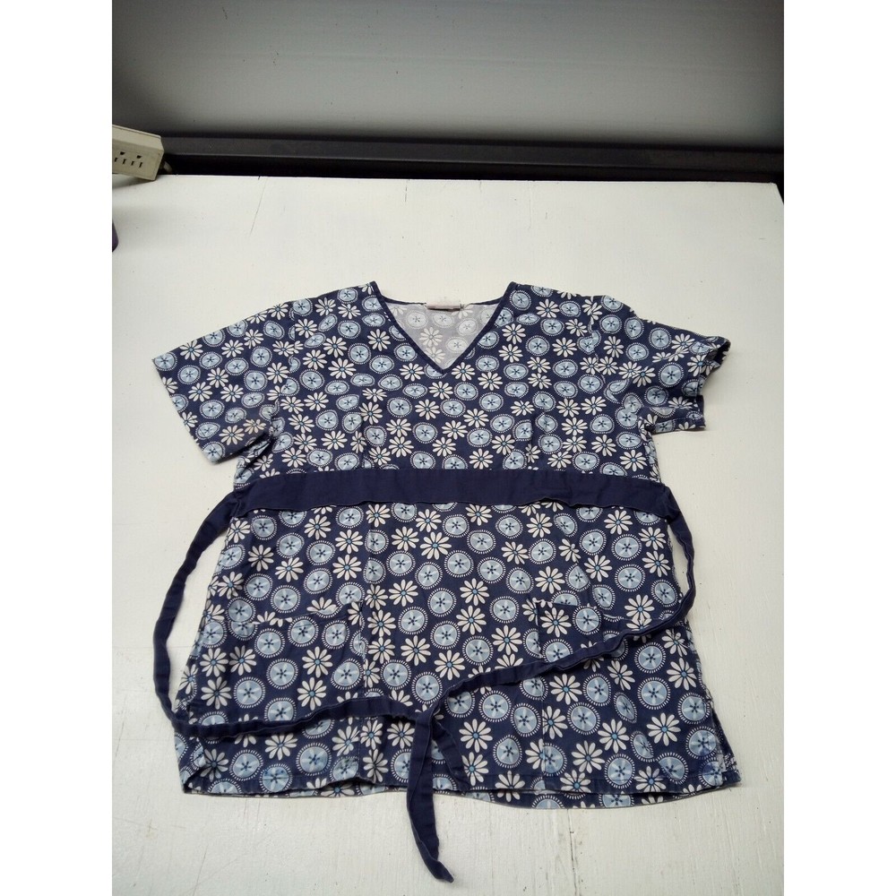 Women's Small AllHeart Blue V-Neck Floral Pattern Scrub Top